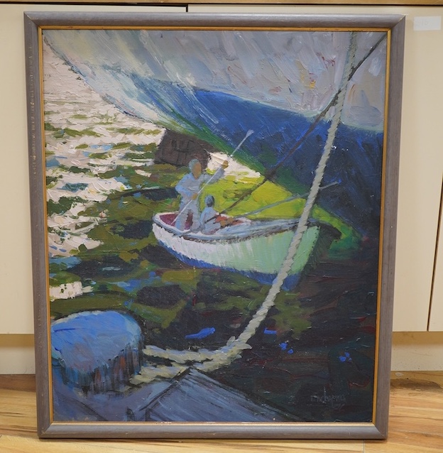 Late 20th century, oil on board, Figures in a rowing boat, indistinctly signed lower right, 74 x 61cm. Condition - fair to good